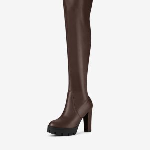 Platform Chunky Heel Over Knee High Side Zipper Boots Coffee/9 - Allegra K catalog