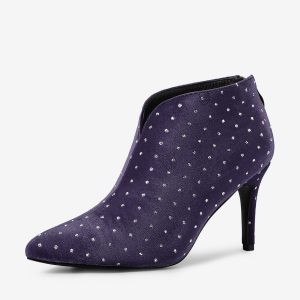 Velvet Polka Dot V Cutout Pointed Toe Heel Ankle Boots Purple/10 - Allegra K catalog