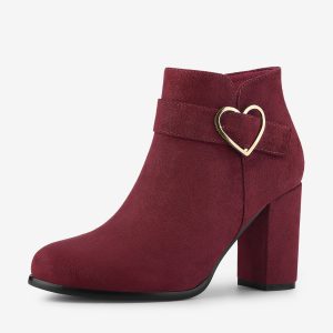 Buckle Side Zip Chunky Heel Ankle Boots Burgundy/9 - Allegra K catalog