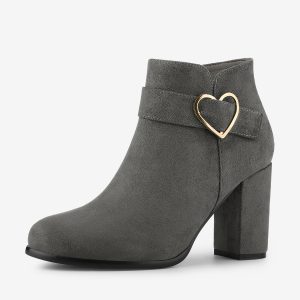 Buckle Side Zip Chunky Heel Ankle Boots Grey/9.5 - Allegra K catalog