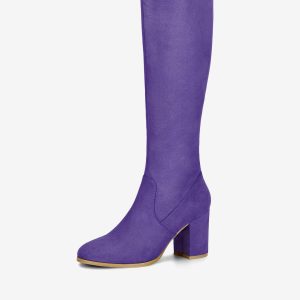 Side Zipper Faux Suede Chunky Heel Knee High Boots Purple/6 - Allegra K catalog