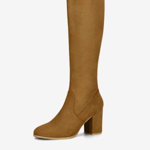Faux Suede Side Zipper Chunky Heel Knee High Boots Brown/6 - Allegra K catalog