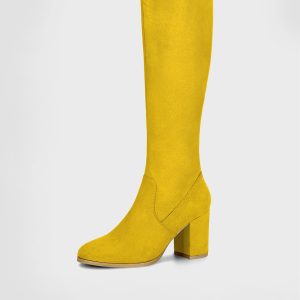 Faux Suede Side Zipper Chunky Heel Knee High Boots Yellow/6 - Allegra K catalog