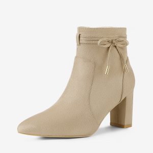 Pointed Toe Block Heel Zipper Ankle Boots Beige/9 - Allegra K catalog