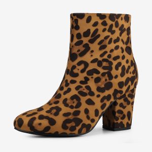 Faux Suede Round Toe Block Heel Zipper Ankle Boots Leopard/7 - Allegra K catalog