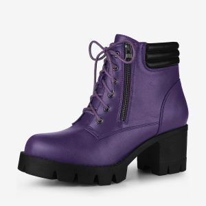 Lug Sole Zip Combat Block Heel Ankle Boots Purple/9.5 - Allegra K catalog