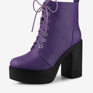 Platform Chunky High Heel Lace Up Combat Boots Purple/8.5 - Allegra K catalog