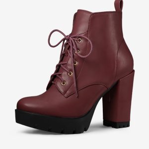 Round Toe Chunky Heel Lace Up Platform Boots Burgundy/7 - Allegra K catalog