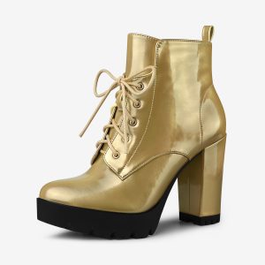 Round Toe Chunky Heel Lace Up Platform Boots Gold/9 - Allegra K catalog