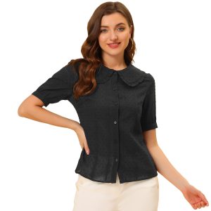 Peter Pan Collar Swiss Dots Short Sleeve Button Front Shirt Blouse black/M - Allegra K catalog