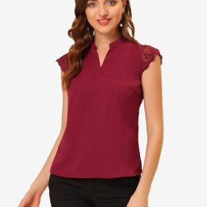 Work Top Office Lace Cap Sleeve Basic Shirt Blouse Red/XS - Allegra K catalog