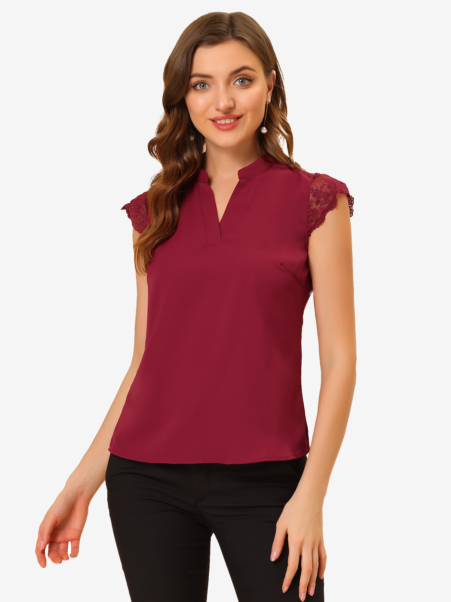 Work Top Office Lace Cap Sleeve Basic Shirt Blouse Red/XL - Allegra K catalog