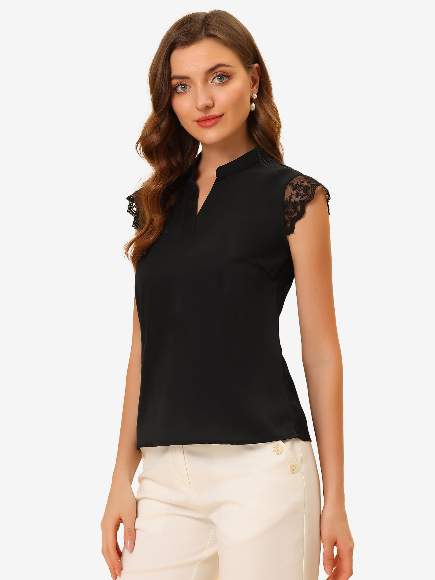 Work Top Office Lace Cap Sleeve Basic Shirt Blouse Black/XS - Allegra K catalog
