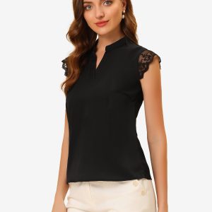 Work Top Office Lace Cap Sleeve Basic Shirt Blouse Black/XL - Allegra K catalog