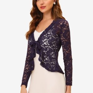 Floral Lace Tie Front Ruffled Hem Sheer Crop Bolero Shrug Purple/L - Allegra K catalog
