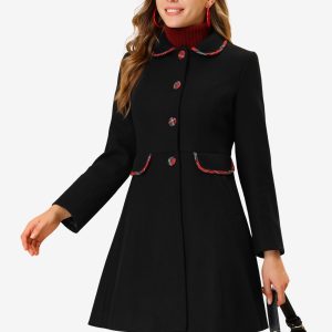 Peter Pan Collar Contrast Trim Single Breasted Winter Long Coat Black/M - Allegra K catalog