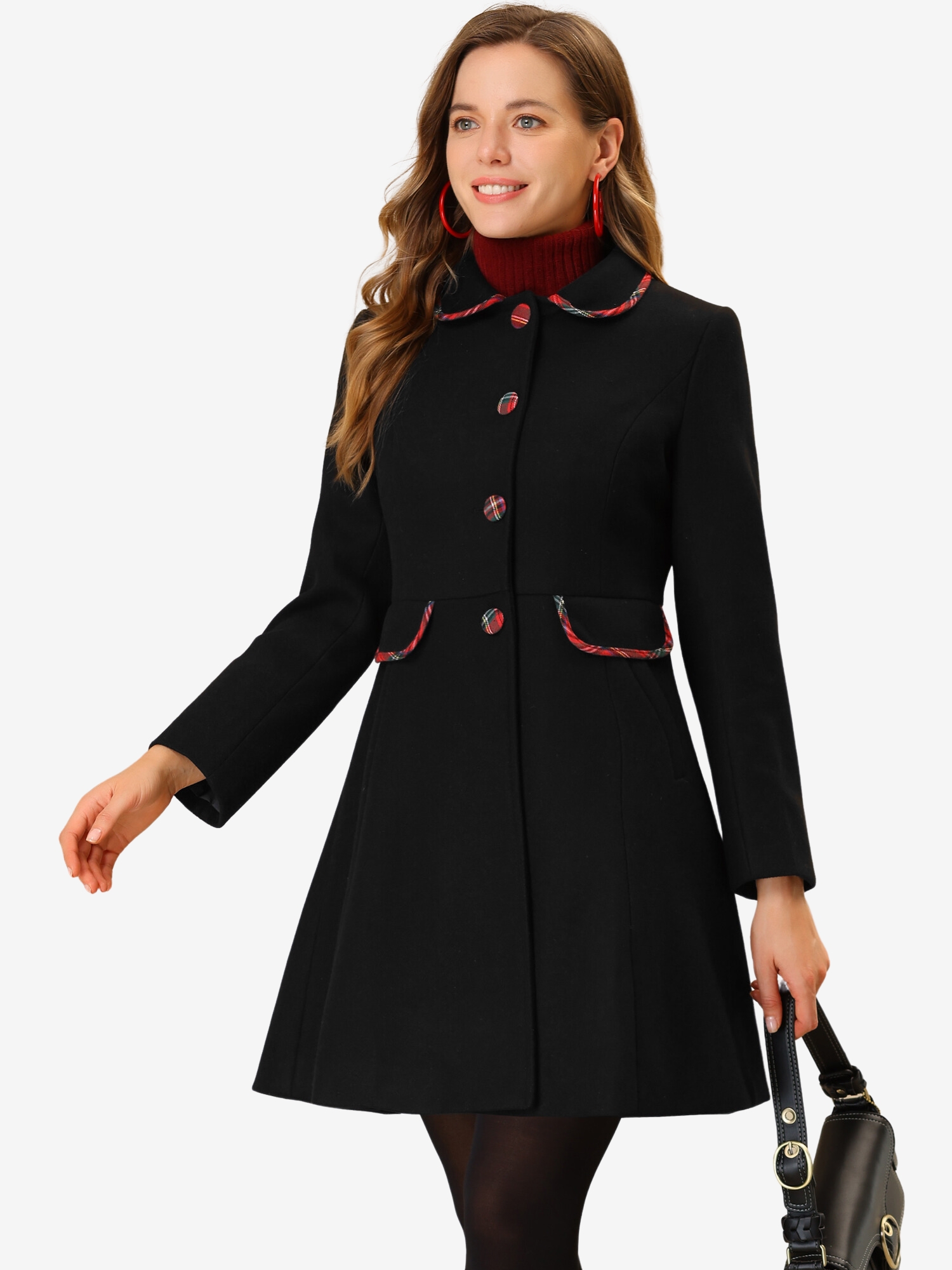 Peter Pan Collar Contrast Trim Single Breasted Winter Long Coat Black/L - Allegra K catalog