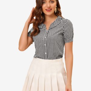 Plaid Blouse Puff Sleeve Ruffle Peter Pan Collar Shirt Top Black/XS - Allegra K catalog