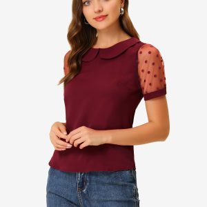 Peter Pan Collar Puff Mesh Short Sleeve Polka Dot Blouse Wine Red/S - Allegra K catalog