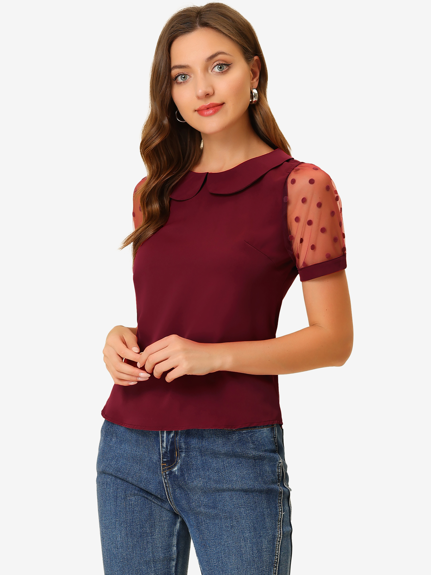 Peter Pan Collar Puff Mesh Short Sleeve Polka Dot Blouse Wine Red/L - Allegra K catalog