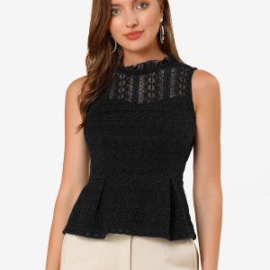 Lace Floral Ruffle Neck Keyhole Back Sleeveless Peplum Top Black/S - Allegra K catalog