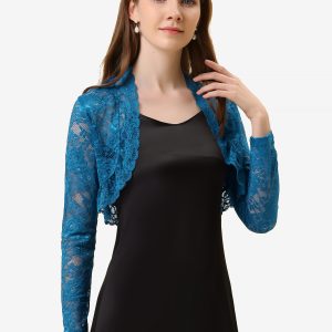 Elegant Sheer Floral Lace Cropped Bolero Shrugs Blue/M - Allegra K catalog