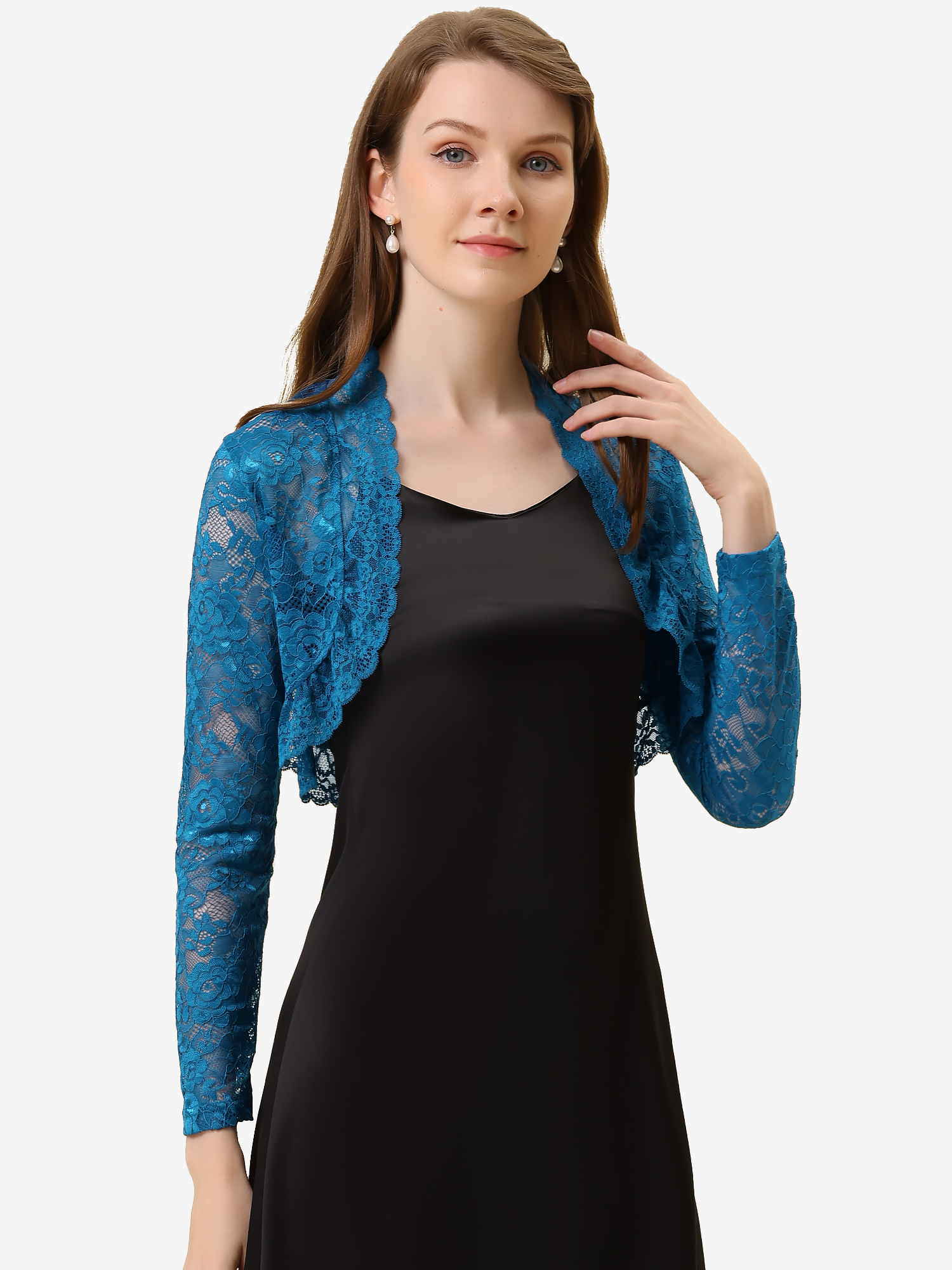 Elegant Sheer Floral Lace Cropped Bolero Shrugs Blue/M - Allegra K catalog