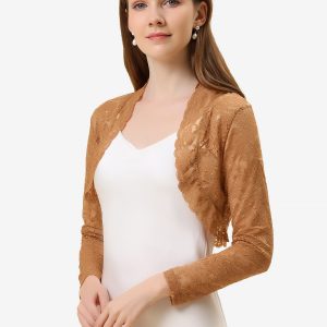 Elegant Sheer Floral Lace Crop Cardigan Bolero Shrug Dark Khaki/XS - Allegra K catalog