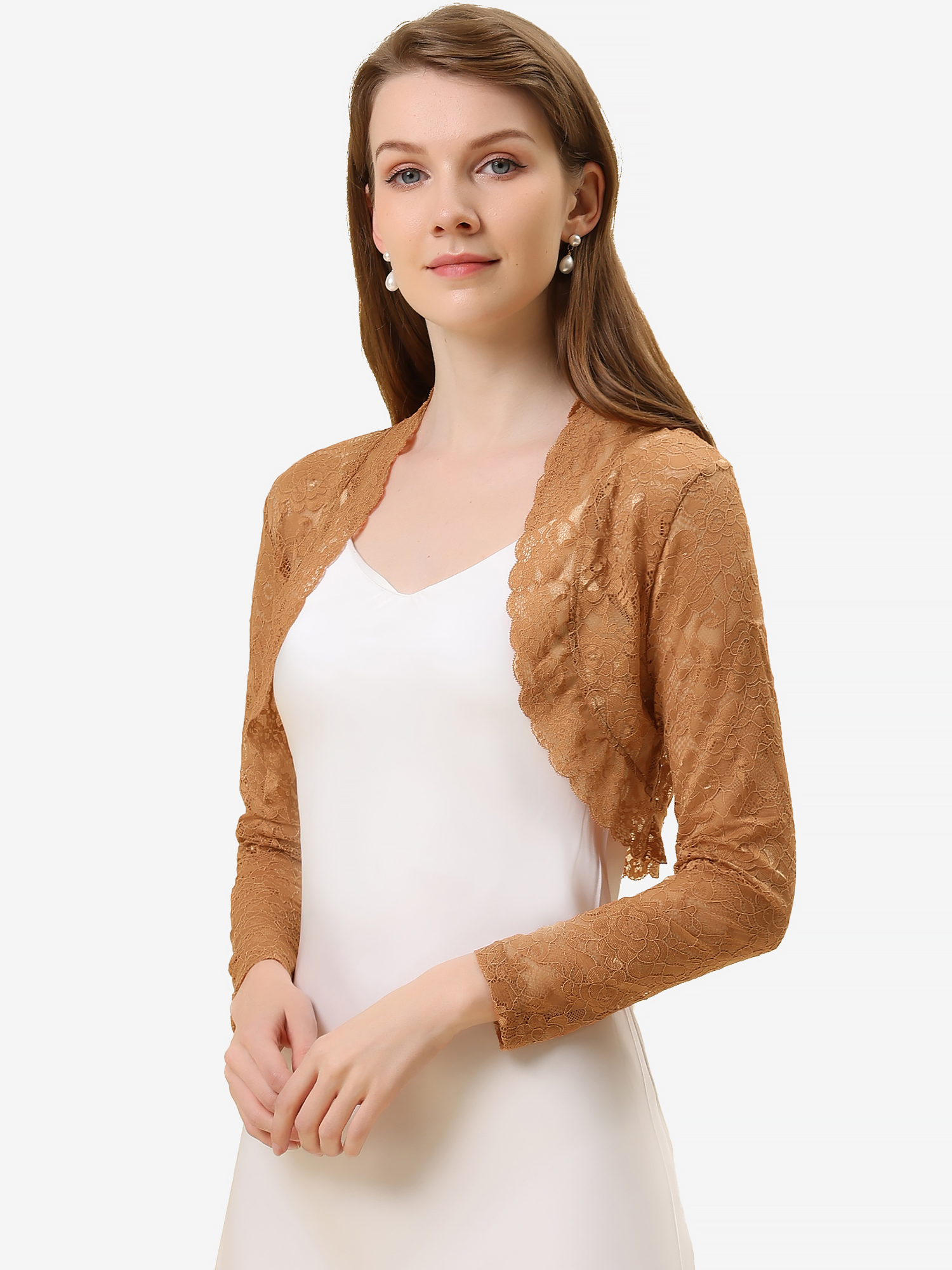 Elegant Sheer Floral Lace Crop Cardigan Bolero Shrug Dark Khaki/XS - Allegra K catalog