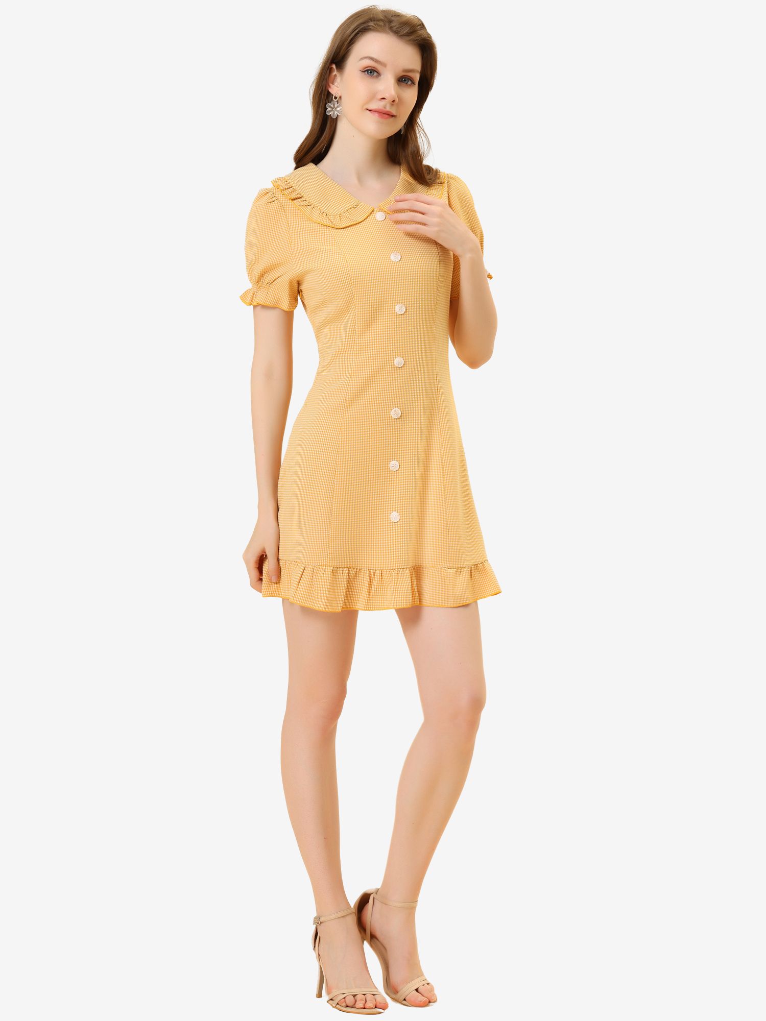 Plaid Gingham Ruffled Retro Peter Pan Collar Dress Yellow/XS - Allegra K catalog