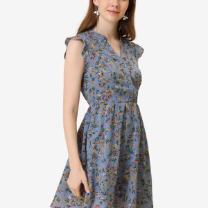 Flutter Sleeve Ruffle A-Line Flowy Chiffon Dress Grey Blue/XL - Allegra K catalog