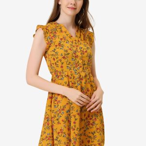 Flutter Sleeve Ruffle A-Line Flowy Chiffon Dress Yellow/XS - Allegra K catalog