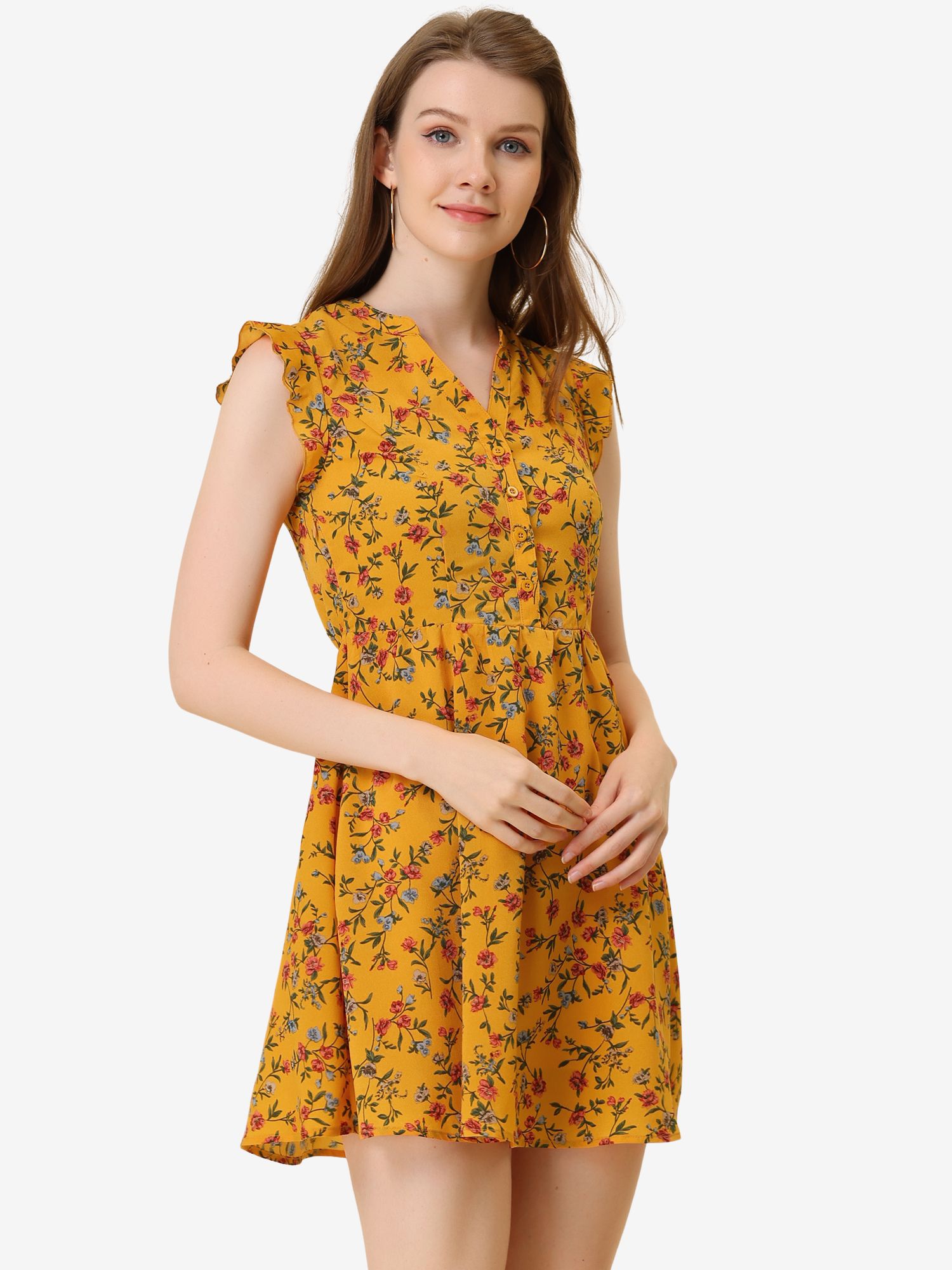 Flutter Sleeve Ruffle A-Line Flowy Chiffon Dress Yellow/M - Allegra K catalog