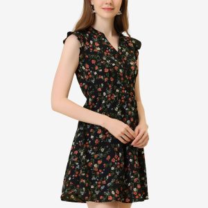 Flutter Sleeve Ruffle A-Line Flowy Chiffon Dress Black/S - Allegra K catalog