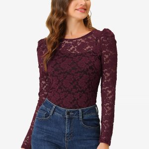Retro Semi Sheer Puff Long Sleeve Embroidery Lace Blouse Burgundy/XS - Allegra K catalog