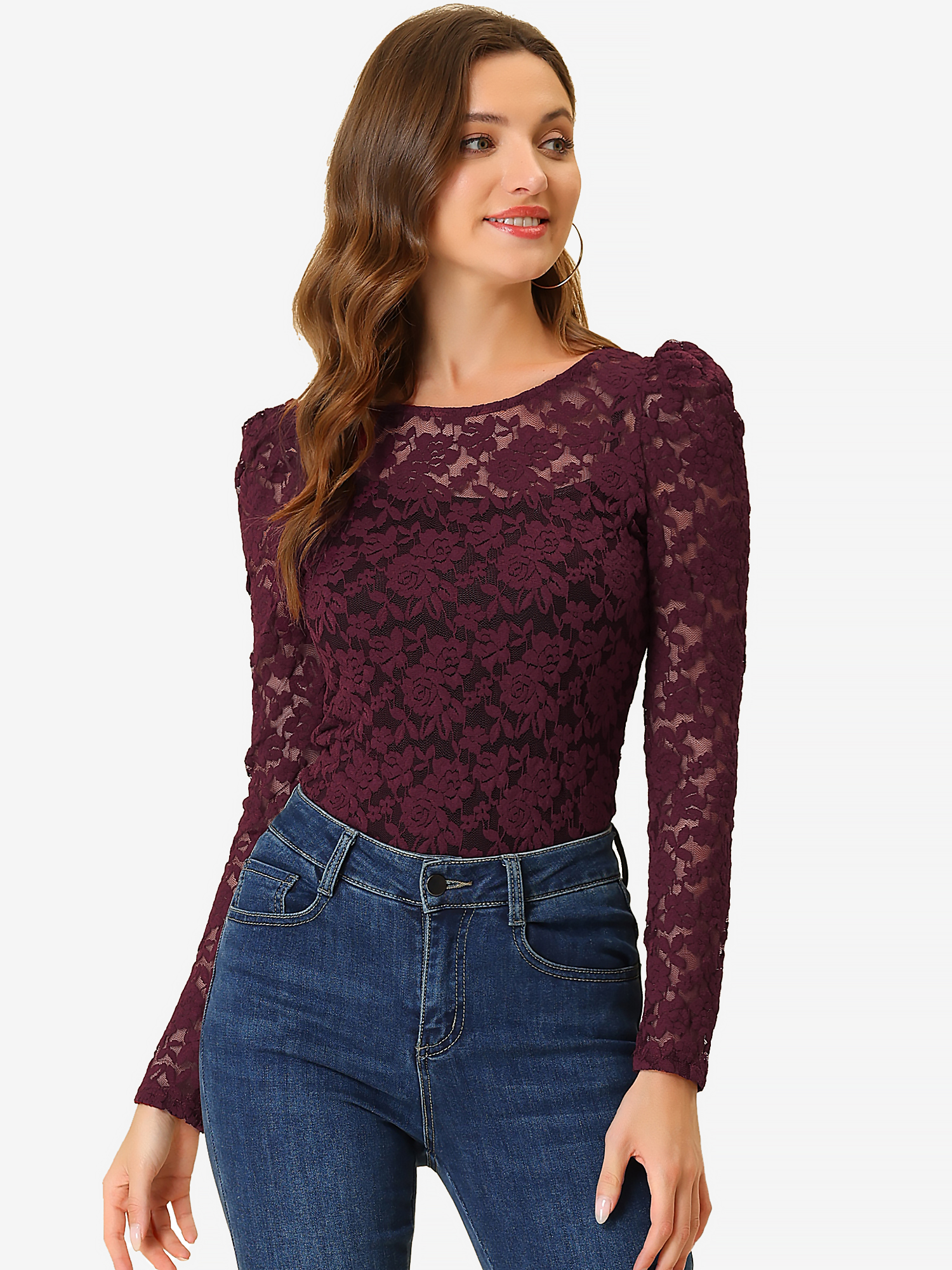 Retro Semi Sheer Puff Long Sleeve Embroidery Lace Blouse Burgundy/L - Allegra K catalog