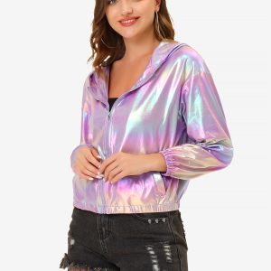 Holographic Party Shiny Lightweight Zipper Hooded Metallic Jacket Purple Holographic/M - Allegra K catalog