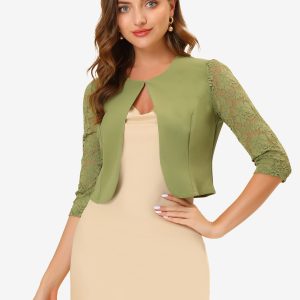 3/4 Sleeve Floral Lace Open Front Office Bolero Shrug Pea Green/S - Allegra K catalog