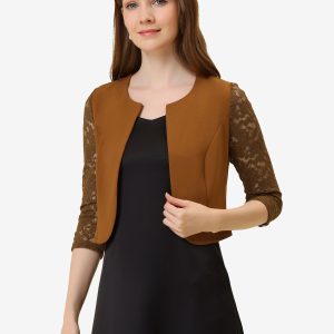 3/4 Sleeve Floral Lace Open Front Office Bolero Shrug Brown/M - Allegra K catalog