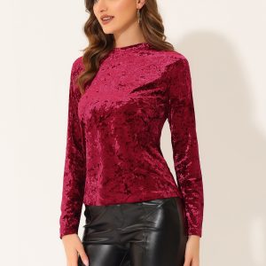 Casual Velvet Top Soft Vintage Crew Neck Long Sleeve T-Shirt Burgundy/L - Allegra K catalog