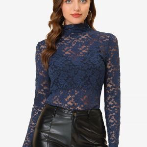 See Through Long Sleeve Turtleneck Sheer Floral Lace Blouse Navy Blue/XL - Allegra K catalog