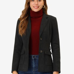 Faux Suede Blazer Belted Lapel Outwear Single Breasted Work Jacket Black/XS - Allegra K catalog