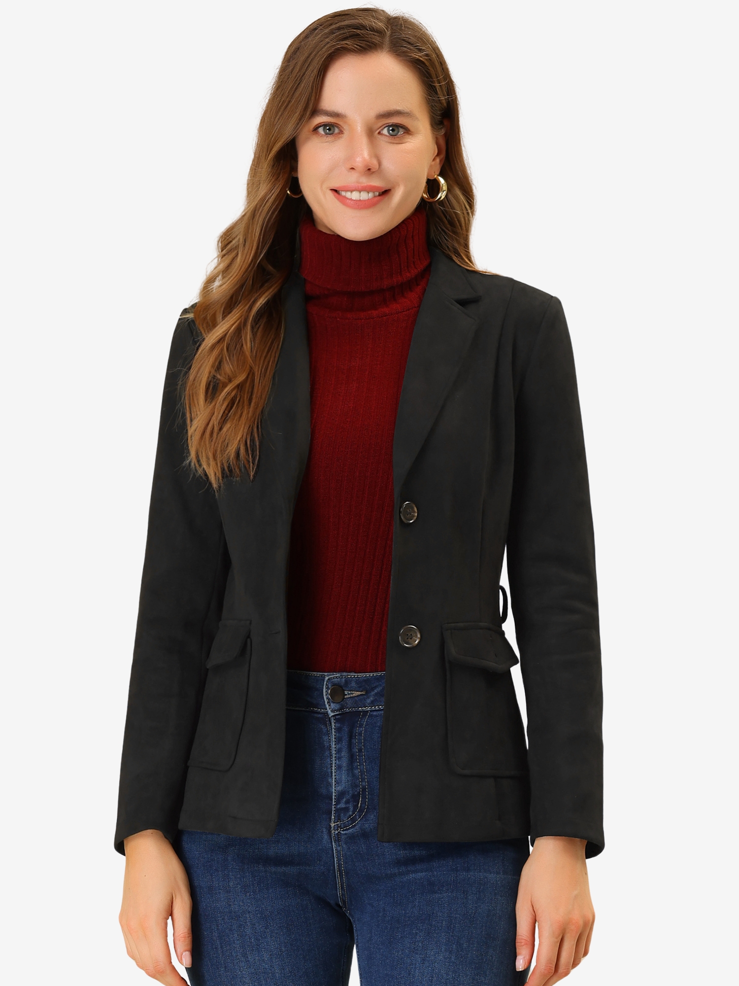 Faux Suede Blazer Belted Lapel Outwear Single Breasted Work Jacket Black/XS - Allegra K catalog