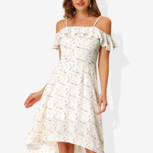 Spaghetti Strap Asymmetrical High Low Floral A-Line Midi Dress White Purple/XL - Allegra K catalog