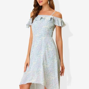 Spaghetti Strap Asymmetrical High Low Floral A-Line Midi Dress Dusty Blue/XS - Allegra K catalog