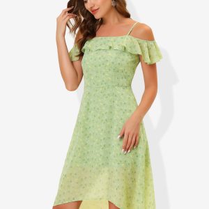 Spaghetti Strap Asymmetrical High Low Floral A-Line Midi Dress Light Green/S - Allegra K catalog