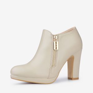 Platform Round Toe Chunky Heel Ankle Boot Beige/9 - Allegra K catalog