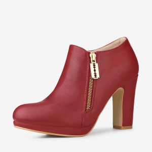 Platform Round Toe Chunky Heel Ankle Boot Red/9 - Allegra K catalog