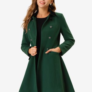Winter Double Breasted Vintage A-line Flare Long Coat Deep Green/L - Allegra K catalog