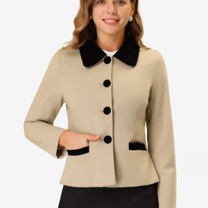 Collar Single Breasted Button Down Cropped Pea Coat Camel/XS - Allegra K catalog